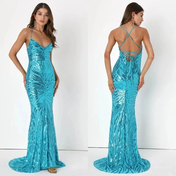 Lulus Sparkle 'til Dawn Teal Blue Sequin Lace-Up Mermaid Maxi Dress L Party Prom - Picture 1 of 15